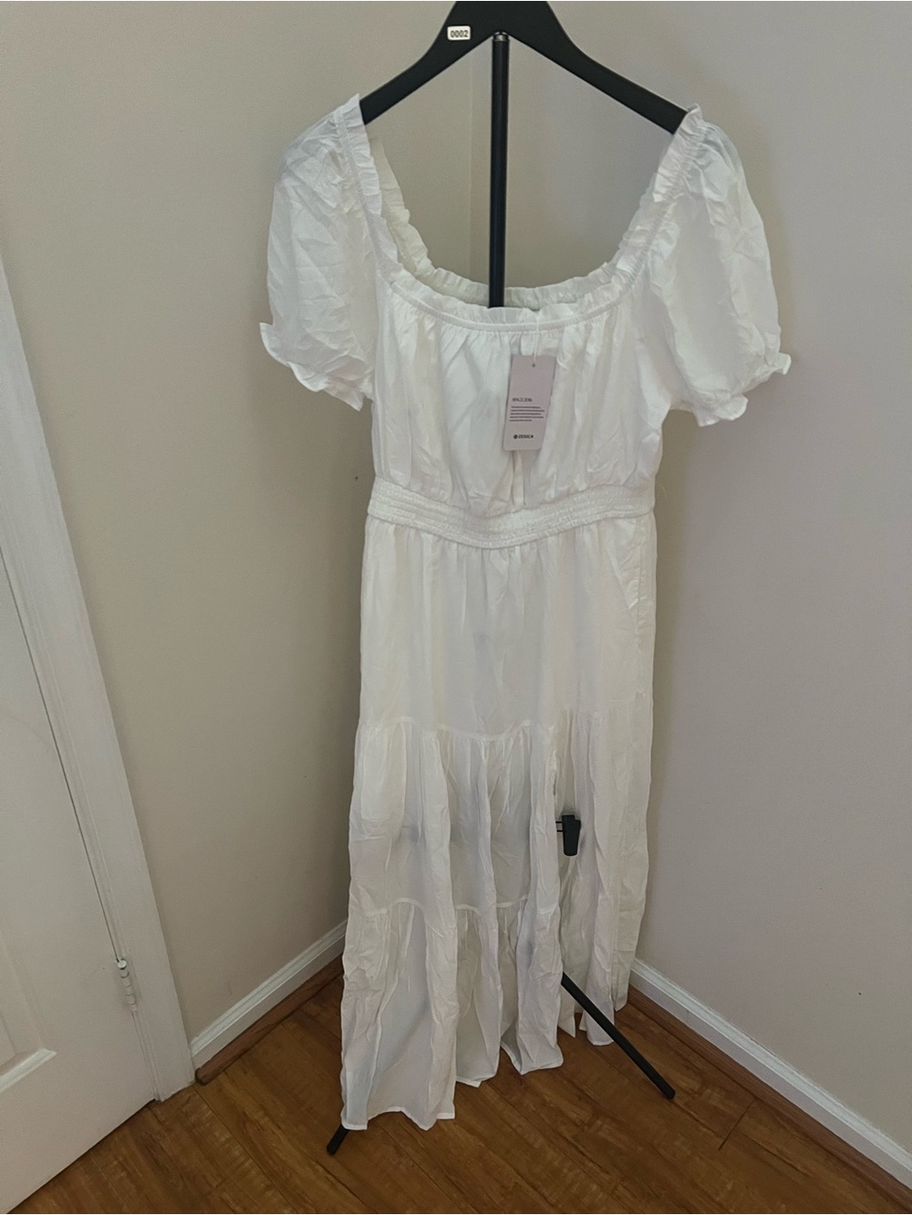 White Puff-Sleeve Maxi Dress with Smocked Waist